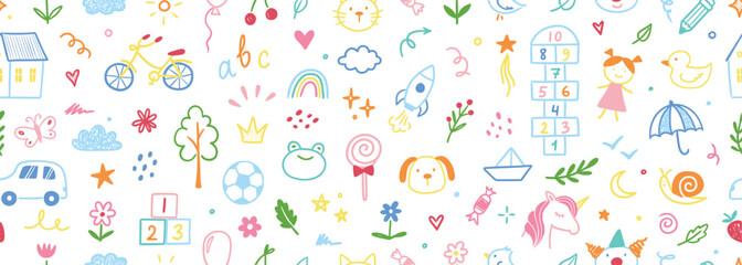 kindergarten doodle vector background. hand drawn doodle style children cute seamless pattern, presc