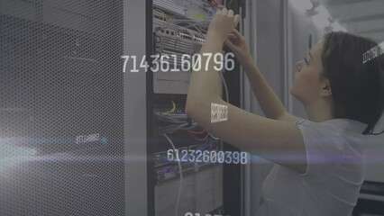 Poster - Animation of data processing over caucasian woman by computer servers