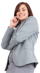 Poster - digital png photo of happy biracial businesswoman on transparent background