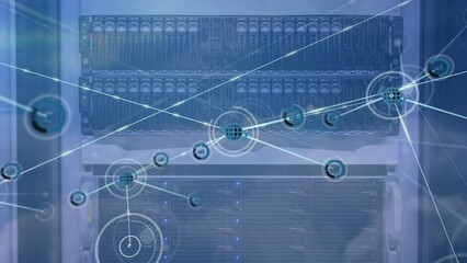 Sticker - Animation of network of connections with icons over computer servers