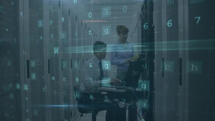 Poster - Animation of cyber attack warning text over diverse it woman and man and computer servers
