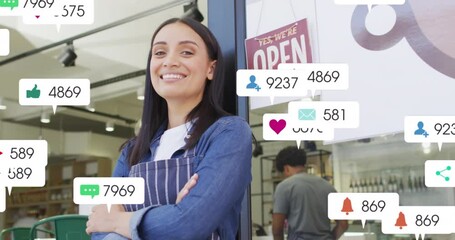 Poster - Animation of social media data processing over biracial sales woman in grocery store