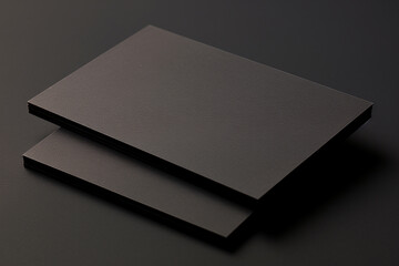 The stack of simple and luxury black paper business cards isolated in a dark black background. Generative AI.