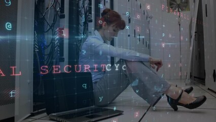 Poster - Animation of data processing over tired caucasian woman with laptop by computer servers