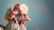 A chicken in a bohemian outfit with flowing fabrics and flower crown