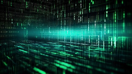 An abstract digital background with binary code and AI algorithms running in the background.