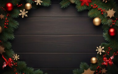 Merry Christmas wreath on a black wooden background, copy space in the center. Holiday frame for greeting cards, banners and posters. AI Generative