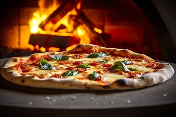 Freshly baked pizza closeup, traditional wood fired oven background.