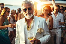 Wealthy Senior Man At Luxury Yacht Party, Billionaire Summer Cruise Vacation, With Beautiful Girls