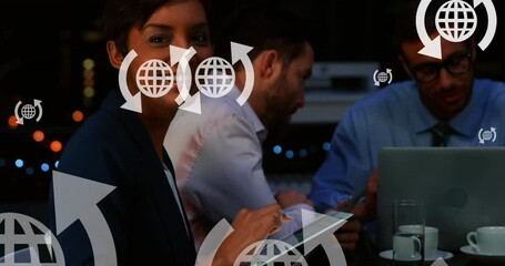 Poster - Animation of globe icons over diverse people in office