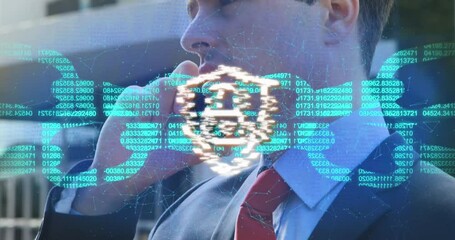 Poster - Animation of padlock and data processing over caucasian businessman using smartphone