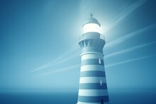 A Lighthouse Beam On A Blue Background Symbolizing Safety And Guidance, Illustrated In 3D. Generative AI