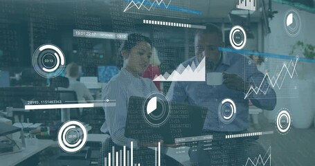 Poster - Animation of financial data processing over diverse business people in office
