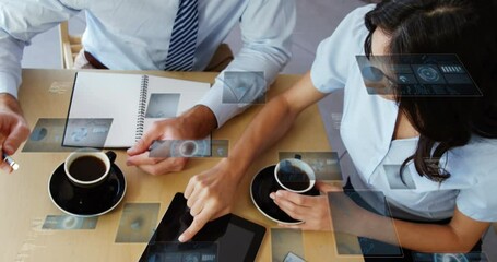 Poster - Animation of financial data processing over diverse business people using tablet