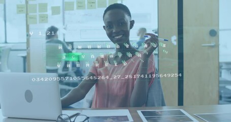 Poster - Animation of data processing over african american businesswoman in office