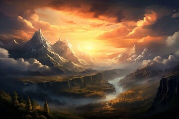 Wall Mural - Sunset over mountains. Generative AI