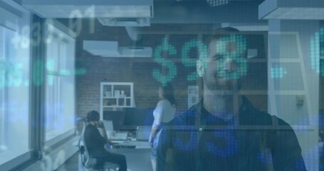 Poster - Animation of financial data processing over caucasian businessman in office