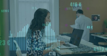 Poster - Animation of financial data processing over biracial businesswoman in office
