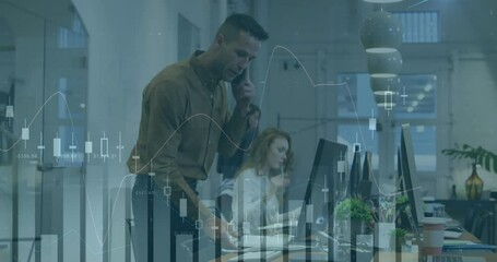 Poster - Animation of financial data processing over diverse business people in office