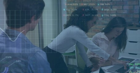 Poster - Animation of financial data processing over diverse business people in office