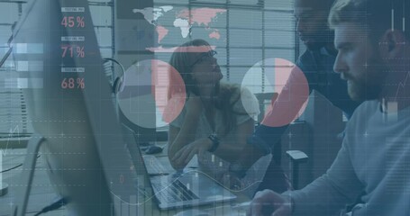 Poster - Animation of financial data processing over diverse business people in office