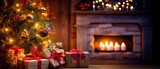 Fototapeta Nowy Jork - Christmas Home Room, Gift Box Below Tree With Lights And Fireplace.