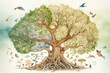 A thriving and diverse ecosystem with a flourishing tree symbolizing the interconnectedness of all life in the world. Generative AI