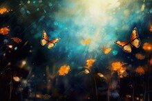  A Painting Of Two Butterflies Flying Over A Field Of Flowers.  Generative Ai