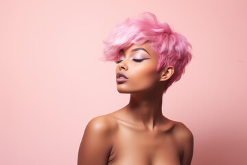 Wall Mural - Young African American pink haired woman on a clean background