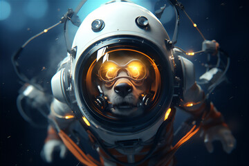 Wall Mural - a monkey in an astronaut suit floating in space, full face covered helmet, with a spaceship in the b