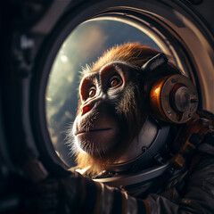 Wall Mural - a monkey in an astronaut suit floating in space, full face covered helmet, with a spaceship in the b