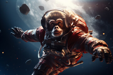 Wall Mural - a monkey in an astronaut suit floating in space, full face covered helmet, with a spaceship in the b