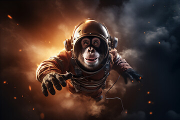 a monkey in an astronaut suit floating in space, full face covered helmet, with a spaceship in the b