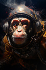 Wall Mural - a monkey in an astronaut suit floating in space, full face covered helmet, with a spaceship in the b