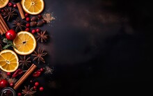 Dried Mulled Wine Spices On A Black Background, Top View, Copy Space At The Right. Merry Christmas Banner