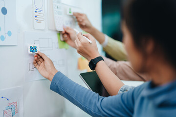 Wall Mural - Team of Creative Web, Graphic Designer planning, drawing website ux ui app for mobile phone application and development template layout, process to developing prototype wireframe.