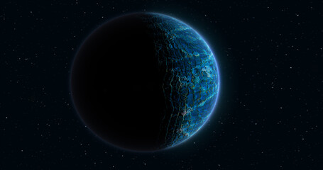 Wall Mural - abstract realistic space spinning planet round sphere with a blue water surface in space against the