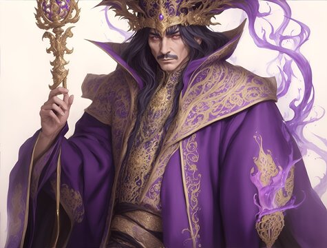 A mesmerizingly powerful sorcerer his regal presence emanates from the watercolor painting