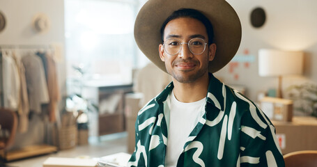 Sticker - Happy, fashion and portrait of a man in retail for store management, ecommerce or designer work. Smile, mockup and an Asian employee at a distribution shop for clothes, sale or logistics of stock