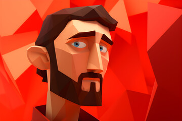 Wall Mural - portrait of low poly geometric 3D faceted render of man against a red background