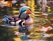 Closeup of mandarin duck swimming in lake.