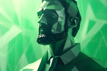 Wall Mural - portrait of low poly geometric 3D faceted render of man with beard against a green background