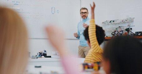 Aufkleber - Science, raised hand and teacher with child in classroom for research on a project in school. Knowledge, education and man educator or tutor helping kid student on digital technology for chemistry.