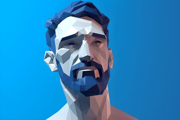 Wall Mural - portrait of low poly geometric 3D faceted render of man with beard against a blue background