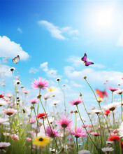 Meadow With Flowers And Blue Bright Sky