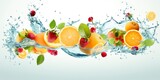 Fototapeta Motyle - Swirl water splash with fruits. liquid flow with ice cubes and a mix of fresh fruits.
