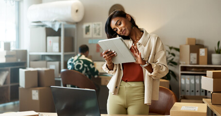 Aufkleber - Business, phone call and woman with a tablet, internet or connection with communication, online order or website information. Person, employee or entrepreneur with technology, smartphone or ecommerce