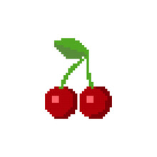 Cherry Fruit Pixel 8bit Art Vector Illustration Background.