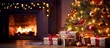 © Ahasanara - Christmas Home Room, Gift Box Below Tree With Lights And Fireplace.