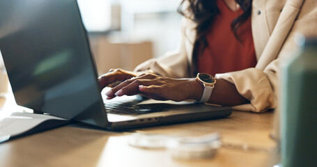 Aufkleber - Woman, hands and laptop typing email for communication, networking or research at office. Closeup of female person working on computer for online search, small business or logistics at workplace